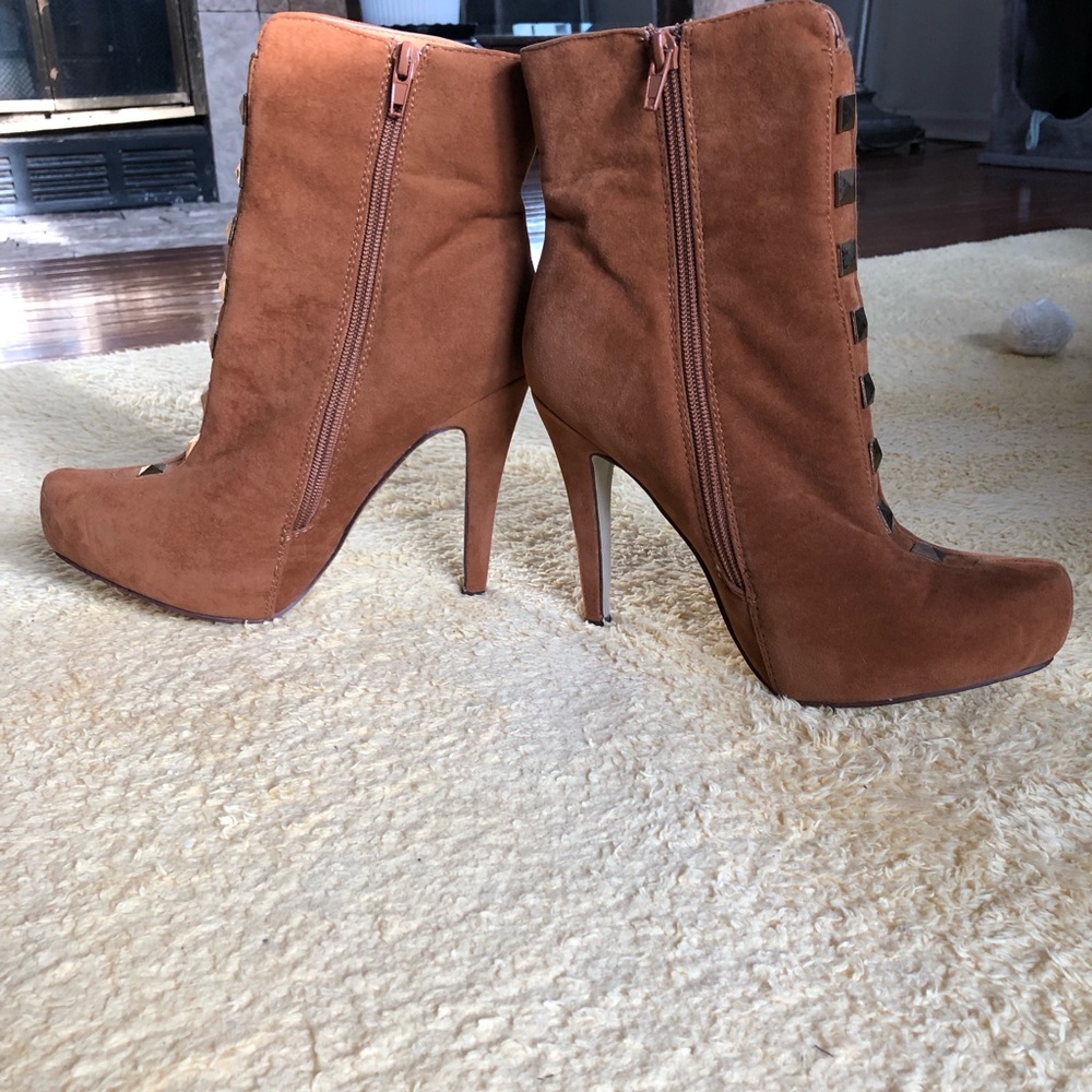 Brown Suede Studded  Platform Ankle High Heel Boots Size 8 - Picture 10 of 16